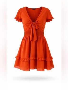 Pretty Garden orange tiered tie front dress with flutter sleeves size large